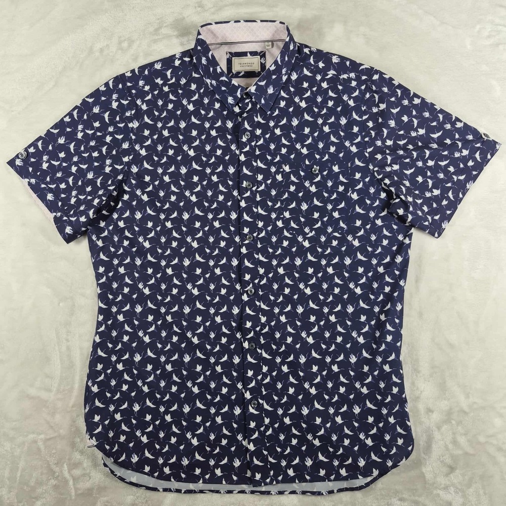 7 Diamonds 4 Way Stretch Shirt Men's Large Blue‎ Crane Short Sleeve Button Up